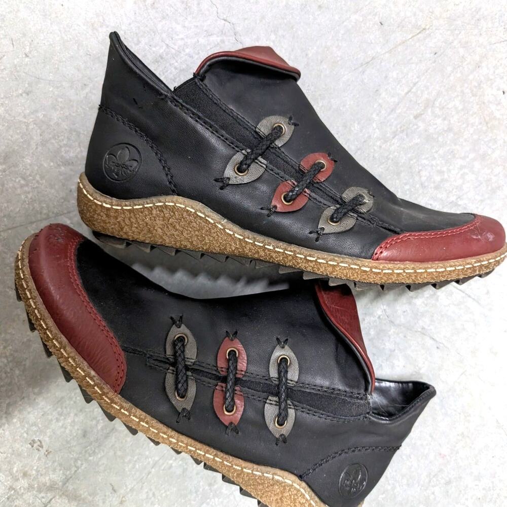 Rieker AntiStress Black Red Leather Side Zip Comfort Ankle Boots Womens Size 8